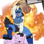 anthro basketball belt boots breasts bridget_(guilty_gear) canid canine clothing duo explosion female fishnet fishnet_legwear fluffy footwear generation_4_pokemon hi_res j0lt ketzel99 legwear lucario male male/female mammal medium_breasts nintendo pokemon pokemon_(species) slam_dunk tongue tongue_out ych_(character)