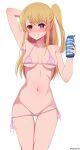  1girl :d absurdres arm_behind_head arm_up armpits bare_arms bikini bikini_bottom_pull blush breasts collarbone colored_eyelashes commentary cowboy_shot cup curvy grin groin hair_between_eyes halterneck hand_up highres holding holding_cup hoshino_ruby long_hair looking_at_viewer medium_breasts micro_bikini midriff navel nose_blush one_side_up oshi_no_ko paid_reward_available pink_bikini presenting red_eyes roswell_ss shiny_skin side-tie_bikini_bottom sidelocks simple_background smile solo star-shaped_pupils star_(symbol) stomach straight_hair sweat swimsuit symbol-shaped_pupils thigh_gap thighs tsurime twitter_username white_background 