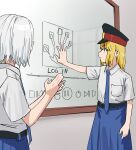  2girls black_headwear blonde_hair blue_necktie blue_skirt clapping collared_shirt commentary_request gadis_(roh_anima) gardara_(roh_anima) grey_hair hand_scanner_video_fail_(meme) hat highres indonesian_commentary indoors meme multiple_girls necktie original pause_button police_hat roh_anima school_uniform shirt short_hair short_sleeves sidelocks skirt standing upper_body white_shirt whiteboard 