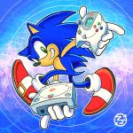  1boy anniversary controller dreamcast_controller english_commentary furry furry_male game_console game_controller green_eyes holding holding_controller holding_game_controller male_focus parody red_footwear sega_dreamcast shoes smile solo sonic_(series) sonic_adventure sonic_adventure_pose sonic_the_hedgehog the_congressman 
