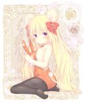 1girl :o animal_ears bangs bare_shoulders black_legwear blonde_hair blush bow breasts bunny_ears bunny_tail commentary_request eyebrows_visible_through_hair fake_animal_ears full_body hair_between_eyes hair_bow hairband heart highres leotard long_hair looking_at_viewer looking_to_the_side no_shoes original pantyhose parted_lips playboy_bunny purple_eyes red_bow red_hairband red_leotard shizukawashi_sumi short_eyebrows sitting small_breasts soles strapless strapless_leotard tail thick_eyebrows twintails very_long_hair wariza wrist_cuffs 