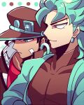  2boys bandage_on_face bandages black_hair blue_eyes blue_hair blue_jacket brown_eyes brown_headwear brown_shirt closed_mouth dio_brando earrings hat jacket jewelry jojo_no_kimyou_na_bouken kotorai kujo_jotaro looking_ahead male_focus multiple_boys pectorals red_shirt shirt short_hair white_background 