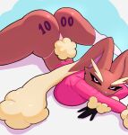 anthro big_breasts black_sclera blush breast_squish breasts clothing crop_top female flexible generation_4_pokemon hi_res kinhey looking_at_viewer lopunny lying nintendo number_on_body on_front pokemon pokemon_(species) shirt solo splits spread_legs spreading squish thick_thighs thong topwear underwear