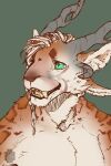 4_ears absurd_res braided_hair bust_portrait charr circle_eyebrows eyebrows fangs felid feline female fur green_eyes guild_wars hair hi_res horn mammal markings multi_ear nude portrait sabertooth_(anatomy) solo spots spotted_body spotted_fur tan_body tan_fur teeth white_body white_fur