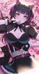  10_(user_cwuu4848) 1girl absurdres animal_ear_hairband animal_ears black_cat black_gloves black_hair black_skirt breasts candy cat cat_ear_hairband cat_ears choker cleavage clothing_cutout collarbone demon_cat fake_animal_ears fingerless_gloves fingernails food frilled_choker frills gloves gradient_hair hairband heart heart_cutout highres idolmaster idolmaster_shiny_colors lollipop looking_at_viewer mayuzumi_fuyuko medium_breasts midriff multicolored_hair nail_polish navel official_alternate_costume pink_hair pixel_heart see-through see-through_sleeves skirt solo stomach 