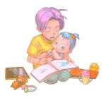  1boy aqua_eyes aqua_hair baby book bra_(dragon_ball) child closed_eyes dragon_ball hair_ornament highres holding holding_book open_mouth purple_hair simple_background sitting stuffed_toy tako_jirou trunks_(dragon_ball) white_background 