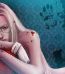  1girl artist_name blonde_hair blood blood_on_arm blood_on_shoulder blue_eyes blurry blurry_background dark-skinned_female dark_skin glasses hellsing highres integra_hellsing long_hair nude solo toshimichi_yukari upper_body web_address 