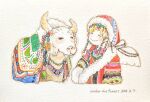  1girl ^_^ animal blonde_hair bull closed_eyes dated fur_trim highres jewelry necklace original painting_(medium) signature smile traditional_media under_the_forest upper_body watercolor_(medium) white_wings wings winter_clothes 