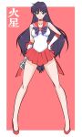  1girl back_bow bare_legs bishoujo_senshi_sailor_moon black_hair bow breasts brooch choker covered_navel earrings elbow_gloves full_body gloves hand_on_own_hip high_heels highres hino_rei holding_ofuda jewelry long_hair magical_girl medium_breasts miniskirt navel ofuda pleated_skirt purple_bow purple_eyes red_footwear red_sailor_collar red_skirt ruriwo_(ruriwo1894) sailor_collar sailor_mars sailor_senshi_uniform simple_background skirt smile solo standing tiara white_gloves 