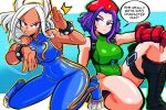  2girls animal_ears arm_guards arm_on_knee bare_shoulders beret black_footwear blue_unitard boku_no_hero_academia boots border bracelet cammy_white cammy_white_(cosplay) chun-li chun-li_(cosplay) cosplay dark-skinned_female dark_skin fingerless_gloves gloves green_leotard hands_up hat highleg highleg_leotard highres jewelry kneeling lady_nagant leotard long_hair looking_at_another mirko multicolored_hair multiple_girls open_mouth parted_bangs purple_eyes purple_hair rabbit_ears red_eyes red_headwear sitting sleeveless sonchapo speech_bubble spiked_bracelet spikes streaked_hair street_fighter unitard white_border white_hair 