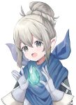 1girl absurdres armor blue_neckerchief commentary_request dragonstone fire_emblem fire_emblem_fates floating floating_object gem gloves grey_eyes grey_hair hair_between_eyes hair_bun happy highres kana_(female)_(fire_emblem) kana_(fire_emblem) light_blush looking_at_viewer neckerchief open_mouth paro3920 partial_commentary pointy_ears sidelocks simple_background solo upper_body white_background 