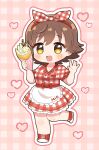  1girl apron breasts brown_eyes brown_hair chibi collarbone dress food frilled_apron frills hairband hands_up heart highres holding holding_food honda_mio ice_cream_crepe idolmaster idolmaster_cinderella_girls medium_breasts no_nose open_mouth pink_background puffy_short_sleeves puffy_sleeves red_dress red_footwear red_hairband short_sleeves smile solo standing standing_on_one_leg two-tone_dress waist_apron white_apron white_dress yakitouhu3 