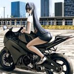  1girl absurdres alternate_costume artist_name ass black_hair blue_eyes blue_hair breasts bridge building city cityscape crossed_arms dated highres holocouncil hololive hololive_english large_breasts lips long_hair looking_at_viewer motor_vehicle motorcycle on_vehicle ouro_kronii outdoors railing road scenery shirt shoes shorts signature sky sneakers solo steb street virtual_youtuber white_footwear white_shirt 