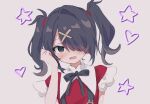  1girl @_@ ame-chan_(needy_girl_overdose) black_hair black_ribbon blush collared_shirt embarrassed grey_background hair_ornament hair_over_one_eye hand_up heart kabe_(zp66104) long_hair looking_at_viewer neck_ribbon needy_girl_overdose open_mouth red_shirt ribbon shirt short_sleeves simple_background solo star_(symbol) twintails upper_body x_hair_ornament 