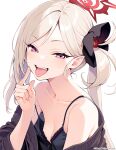  1girl ai-generated black_flower blue_archive collarbone commentary flower hair_flower hair_ornament halo highres lilium(lilydisease) long_hair mesugaki mutsuki_(blue_archive) open_mouth pointy_ears red_eyes red_halo spaghetti_strap teeth tongue upper_teeth_only white_background white_hair 