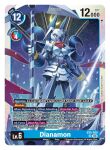  1girl armor armored_skirt arrow_(projectile) bodysuit breasts card_(medium) character_name colored_skin company_name copyright_name crescent_moon dianamon digimon digimon_(creature) digimon_card_game dual_wielding energy_arrow english_commentary english_text hair_between_eyes helmet highres holding holding_arrow holding_scythe ice mask moon mouth_mask official_art pink_scarf purple_bodysuit purple_eyes purple_hair scarf scythe second-party_source shoulder_armor solo standing white_skin 