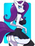 anthro blush bottomwear breasts butt clothing collar cutie_mark equid equine female friendship_is_magic garter_straps hasbro hi_res horn kinhey legwear looking_back mammal my_little_pony mythological_creature mythological_equine mythology nipple_outline rarity_(mlp) skirt solo spaghetti_strap stockings studded_collar unicorn