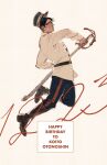  1boy black_eyes black_footwear black_hair blue_pants boots brown_background brown_coat chengongzi123 coat commentary dark-skinned_male dark_skin english_text full_body golden_kamuy grin happy_birthday hat highres jumping koito_otonoshin long_sleeves looking_at_viewer male_focus military_hat military_uniform pants sheath short_hair simple_background smile sword symbol-only_commentary uniform unsheathing very_short_hair weapon 