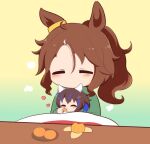  2girls ^_^ animal_ears blue_hair blush brown_hair chibi closed_eyes daitaku_helios_(umamusume) feeding food fruit gomashio_(goma_feet) gradient_background green_background green_shirt hair_between_eyes hair_ornament hairclip heart holding holding_food horse_ears kotatsu mandarin_orange mejiro_palmer_(umamusume) mini_person minigirl multicolored_hair multiple_girls parted_bangs ponytail shirt side_ponytail star_(symbol) star_hair_ornament streaked_hair table umamusume white_hair yellow_background 