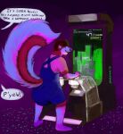 2018 anthro arcade arcade_machine big_tail clothing dialogue diaper diaper_under_clothing feces female fluffy fluffy_tail gaming hi_res mammal mephitid offscreen_character overalls public shirt shortalls skunk skunk_tail soiling solo speech_bubble stinkslinky t-shirt tail talking_to_another topwear underwear