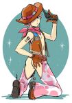  1boy adjusting_clothes adjusting_headwear ass bandana boots brown_gloves chaps cowboy cowboy_boots cowboy_hat gloves gun hakka2018 hat holster idolmaster idolmaster_side-m kabuto_daigo looking_at_viewer looking_back male_focus navel open_clothes pink_bandana puckered_lips simple_background solo spurs tattoo vest weapon 