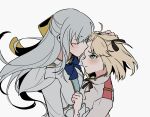  2girls anisphia_wynn_palettia aqua_eyes black_ribbon blonde_hair blue_bow blush bow closed_eyes closed_mouth collared_jacket commentary_request couple euphyllia_magenta facing_another flat_color floating_hair grey_hair hair_ribbon half_updo hand_on_another&#039;s_chest hand_on_another&#039;s_head hand_on_another&#039;s_waist height_difference hug jacket kiss kissing_forehead lelioz long_hair looking_at_another medium_hair multiple_girls ribbon simple_background tensei_oujo_to_tensai_reijou_no_mahou_kakumei upper_body wavy_mouth white_background white_jacket yellow_bow yellow_ribbon yuri 