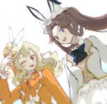  2girls animal_ears ascot black_ascot blonde_hair bow bowtie brown_hair fake_animal_ears hao02909434040 jacket long_hair long_sleeves looking_at_another multiple_girls one_eye_closed open_mouth orange_bow orange_bowtie orange_jacket pink_eyes purple_eyes rabbit_ears saijou_claudine shirt shoujo_kageki_revue_starlight simple_background skirt smile tendou_maya upper_body white_background white_headwear white_jacket white_shirt white_skirt 