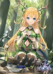  1girl antlers belt blonde_hair blue_eyes choker cleavage_cutout clothing_cutout commentary_request cup detached_sleeves dress elf eroica forest freyja_(eroica) green_choker green_dress green_ribbon green_theme hair_ribbon horns kobuta long_hair nature navel_cutout official_art outdoors pointy_ears ribbon sitting_on_tree_stump smile solo teacup two_side_up 