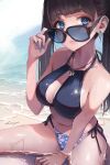  1girl absurdres bangs beach bikini black_hair blue_eyes blue_nails breasts cleavage closed_mouth collarbone commentary_request earrings eyebrows_visible_through_hair fingernails gucci halter_top halterneck highres jewelry koh_(minagi_kou) long_fingernails long_hair looking_at_viewer looking_over_eyewear looking_to_the_side medium_breasts nail_polish navel ocean original revision shark side-tie_bikini side-tie_bottom sideboob solo string_bikini sunglasses swimsuit water wet 