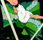  1boy back bandana_around_arm boots character_name commentary dated earrings green_background green_hair happy_birthday haramaki jewelry lngees male_focus one_piece pants roronoa_zoro shirt short_hair simple_background solo sword symbol-only_commentary weapon white_shirt 
