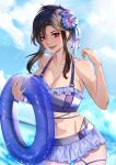  1girl bikini bikini_skirt black_hair blue_ribbon blue_sky breasts cleavage cloud collarbone day final_fantasy final_fantasy_vii final_fantasy_vii_rebirth final_fantasy_vii_remake flower frilled_bikini frills hair_flower hair_ornament hair_ribbon hand_up highres holding holding_swim_ring large_breasts looking_at_viewer official_alternate_costume pixie_(pixieinktvis) purple_bikini purple_innertube red_eyes ribbon sky smile solo swim_ring swimsuit tifa_lockhart 