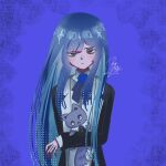  1girl ado_(utaite) black_coat blue_bow blue_bowtie blue_eyes blue_flower blue_hair blue_rose bow bowtie cat chando_(ado) closed_mouth cloud_nine_inc coat collared_shirt commentary dress_shirt flower flower_brooch hashtag_only_commentary highres long_hair mole mole_under_eye open_clothes open_coat ria_(ilovecarsmeor) rose shirt solo utaite very_long_hair white_shirt 