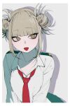  1girl blonde_hair blunt_bangs boku_no_hero_academia brown_eyes collared_shirt double_bun grey_hair hair_bun highres necktie red_necktie school_uniform shirt simple_background skirt solo toga_himiko tongu_11 tongue tongue_out two-tone_background upper_body white_shirt 