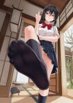  1girl absurdres ahoge black_hair black_skirt black_socks bow breasts brown_eyes closed_mouth collared_shirt commentary_request foot_out_of_frame frown hair_between_eyes hair_ribbon highres indoors kimi_no_na_wa. middle_finger miyamizu_mitsuha no_shoes panties pleated_skirt red_bow ribbon shirt short_hair short_sleeves skirt small_breasts socks soles solo standing standing_on_one_leg toenails toes underwear white_panties xo_(xo17800108) 