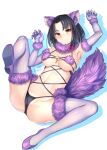  1girl animal_ears arm_up armpits bangs black_hair black_panties bosshi breasts brown_eyes cameltoe cat_tail cosplay dangerous_beast elbow_gloves fate/grand_order fate_(series) fingernails fur_trim gloves highres kara_no_kyoukai leg_up lying mash_kyrielight mash_kyrielight_(cosplay) navel o-ring o-ring_top on_back panties parted_bangs partially_visible_vulva purple_footwear purple_gloves purple_legwear ryougi_shiki sharp_fingernails shoes short_hair signature simple_background solo spread_legs tail thighhighs underwear 