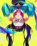  1girl adjusting_eyewear alternate_hair_color aqua_hair aqua_jacket artist_logo black_hair blue-tinted_eyewear blush commentary dated english_commentary eruhanami forehead hair_ornament hands_up hatsune_miku heart heart-shaped_eyewear jacket long_hair long_sleeves looking_at_viewer multicolored_hair open_mouth simple_background solo streaked_hair tinted_eyewear twintails upper_body upside-down very_long_hair vocaloid yellow_background 