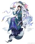  1girl animal aqua_robe black_hair bracelet chinese_clothes chinese_commentary closed_mouth commentary_request cone_hair_bun du_ling_bu_ling duijin_ruqun eyeshadow facial_mark flower forehead_mark full_body green_eyes hair_bun hair_flower hair_ornament hair_stick hand_up hanfu highres holding holding_umbrella invisible_chair jewelry leaf lipstick long_hair long_sleeves lotus lotus_leaf lotus_pod makeup multicolored_clothes oil-paper_umbrella original oversized_animal parted_bangs pink_flower purple_robe red_eyeshadow red_lips robe sidelocks simple_background single_side_bun sitting slit_pupils smile smoke snake solo tassel tassel_hair_ornament umbrella very_long_hair white_background white_snake white_umbrella 
