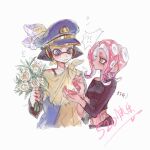  !? 1boy 1girl agent_3_(splatoon) agent_8_(splatoon) asymmetrical_sleeves black_shirt blonde_hair blue_eyes bouquet chinese_commentary closed_mouth collarbone flower flying_sweatdrops frown hat headgear highres holding holding_bouquet inkling inkling_boy inkling_player_character jewelry multicolored_hair navel octoling octoling_girl octoling_player_character orange_eyes patchwork_clothes peaked_cap ponytail purple_hair red_hair ring shirt simple_background splatoon_(series) splatoon_3 suction_cups tentacle_hair thenintlichen96 two-tone_hair uneven_sleeves wedding_ring white_background white_flower 
