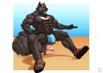  abs anthro biceps big_muscles black_body black_fur bulge canid canine canis clothing fur male mammal muscular muscular_anthro muscular_male pecs purpledragonrei silver_fang sitting solo underwear wolf 