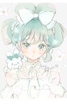  1girl :3 animal_on_shoulder aqua_eyes aqua_hair bare_shoulders blue_bow blue_eyes blush_stickers bow bowtie cinnamiku cinnamoroll closed_mouth collar colored_eyelashes commentary_request detached_collar floral_background flower flower_brooch frilled_bow frilled_shirt frills grey_background hair_bow hatsune_miku hau_(hausan97) highres letterboxed light_blush looking_at_viewer parted_lips sanrio see-through see-through_sleeves shirt short_hair short_sleeves signature simple_background smile solid_oval_eyes solo updo upper_body vocaloid white_bow white_bowtie white_collar white_flower white_shirt white_sleeves 