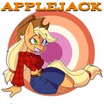 1:1 2023 alternate_costume anthro anthrofied applejack_(mlp) blonde_hair blue_bottomwear blue_clothing blue_eyes blue_shorts bottomwear breasts character_name clothed clothing cowboy_hat cutoffs denim denim_bottomwear denim_clothing digital_media_(artwork) earth_pony english_text equid equine female fingers friendship_is_magic fur hair hasbro hat headgear headwear hi_res horse looking_offscreen mammal my_little_pony orange_body pattern_clothing pony red_clothing red_topwear shirt shorts simple_background smile solo tail tank_top text topwear tyso_art