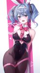  1girl :d absurdres animal_ears armpit_crease arms_behind_back bare_shoulders black_leotard black_pantyhose black_ribbon blue_eyes blue_hair blush bow bowtie breasts cleavage clothing_cutout commentary_request contrapposto detached_collar fake_animal_ears hair_intakes hair_ribbon hatsune_miku heart_cutout highleg highleg_leotard highres large_breasts legs_together leotard looking_at_viewer multicolored_hair myowa open_mouth pantyhose pink_hair pink_pupils playboy_bunny rabbit_ears rabbit_hole_(vocaloid) red_bow red_bowtie ribbon short_twintails smile solo stomach_cutout thigh_gap thighs twintails two-tone_hair vocaloid 