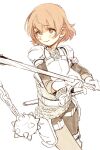  1girl alternate_costume armor ball_and_chain_(weapon) belt blush breastplate brown_eyes brown_hair brown_pants brown_sleeves chainmail closed_mouth faulds feet_out_of_frame flail furrowed_brow gloves highres holding_flail idolmaster idolmaster_cinderella_girls imay3927 kita_hinako long_sleeves looking_up pants partially_colored pauldrons pinky_out raised_eyebrows sheath sheathed short_hair shoulder_armor simple_background smirk smug solo spiked_ball_and_chain sword upturned_eyes weapon white_background white_gloves 