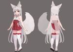  1girl absurdres animal_ear_fluff animal_ears breasts clothes_lift dodo24850918 fox_ears fox_girl fox_tail full_body grey_background grey_hair hakama hakama_lift hakama_short_skirt hakama_skirt highres japanese_clothes long_hair miko miniskirt multiple_views open_mouth original red_eyes red_hakama red_skirt sandals shirt simple_background skirt skirt_lift sleeveless sleeveless_shirt small_breasts tail thighhighs thighs turnaround white_shirt white_thighhighs 