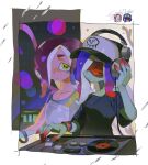  2girls armor baseball_cap black_shirt blue_hair bra_strap bracelet cephalopod_eyes closed_eyes closed_mouth colored_skin copyright_name dedf1sh dj dual_persona gradient_hair green_skin hand_on_headphones hat headphones headphones_over_headwear highres jewelry long_hair multicolored_hair multiple_girls octoling red-tinted_eyewear red_hair sad sanitized_(splatoon) shirt splatoon_(series) splatoon_3 splatoon_3:_side_order tentacle_hair tinted_eyewear turntable two-tone_hair yakiyori_0001 yellow_eyes 