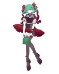  1girl alternate_costume alternate_hairstyle arm_ribbon blunt_bangs bow earrings front_ponytail full_body green_hair highres jewelry kagiyama_hina puffy_short_sleeves puffy_sleeves red_bow red_ribbon ribbon short_sleeves simple_background solo touhou white_background zenritsu 
