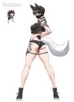  1girl absurdres animal_ears arm_tattoo ass black_hair black_panties collar direhowl fingerless_gloves from_behind gloves highres leg_tattoo looking_back mask mouth_mask pal_(creature) palworld panties personification short_hair simple_background skindentation solo spiked_collar spikes tail tattoo underwear white_background white_tail wolf wolf_ears wolf_tail wonbin_lee yellow_eyes 