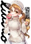  1girl blush box breasts brown_eyes brown_hair character_name gift gift_box heart-shaped_box holding holding_gift kantai_collection large_breasts littorio_(kantai_collection) long_hair long_sleeves nigo open_mouth simple_background smile solo sweater twitter_username upper_body wavy_hair white_background white_sweater 