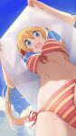  1girl :d armpits bangs bikini blonde_hair blue_eyes blue_sky breasts breasts_apart cloud commentary day eyebrows_visible_through_hair from_below front-tie_bikini front-tie_top groin hair_between_eyes hair_ribbon highres hiroki_(yyqw7151) horizontal_stripes kirisaki_chitoge large_breasts lifted_by_self long_hair looking_at_viewer looking_down multicolored multicolored_bikini multicolored_clothes navel nisekoi open_mouth orange_bikini outdoors red_bikini red_ribbon ribbon round_teeth side-tie_bikini sky smile solo stomach striped striped_bikini swimsuit tareme teeth translucent translucent_shirt twintails underboob upper_teeth upshirt very_long_hair 