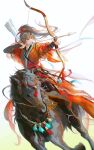  1boy archery arrow_(projectile) artist_name bell belt black_hair blurry bow_(weapon) bridle brown_eyes chinese_clothes chinese_commentary closed_mouth depth_of_field hair_ribbon hanfu headband high_ponytail highres holding holding_bow_(weapon) holding_weapon horse horseback_archery horseback_riding keru233 long_hair long_sleeves looking_to_the_side modao_zushi patterned_clothing quiver red_hanfu red_headband red_ribbon red_sash ribbon riding sash smile solo stirrups_(riding) tassel weapon wei_wuxian white_background 